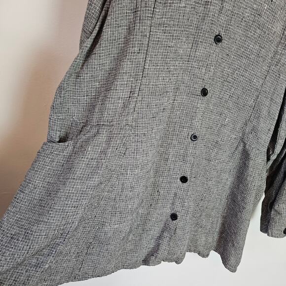 Flax Linen Button Front Top Shirt L Black White Crosshatch Check Long‎ Sleeve - Picture 2 of 7